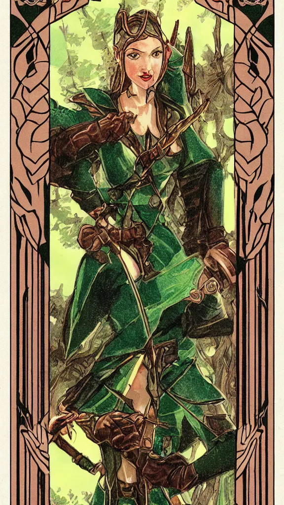 Prompt: female elf ranger in fantasy forest, art deco tarot card style