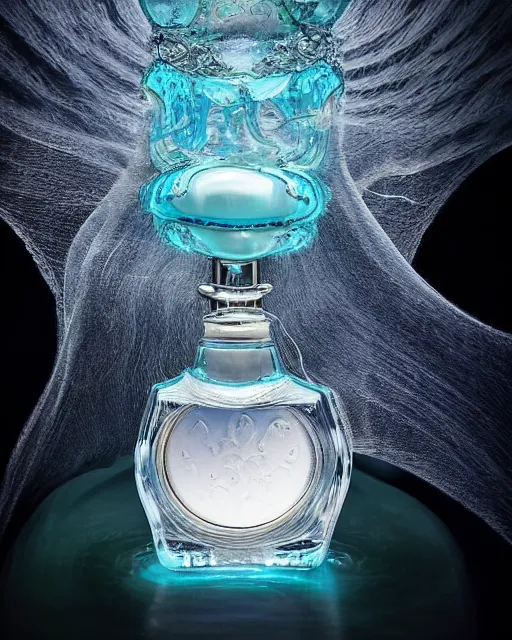 Prompt: natural light, soft focus extreme close up of a perfume bottle on a lilpad in the water, blue bioluminescent plastics, smooth shiny metal, elaborate ornate head piece, piercings, skin textures, by annie leibovitz, paul lehr