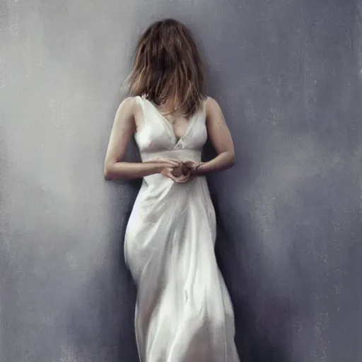 Prompt: portrait of beautiful happy young ana de armas wearing a beautiful silky white dress, painted by greg rutkowski