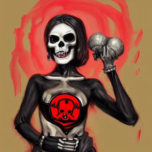 Image similar to Female death holding a red and black skull in one hand up to her face like hamlet, kodachrome, high contrast, highly detailed, sharp focus, digital painting, concept art, illustration, trending on artstation,