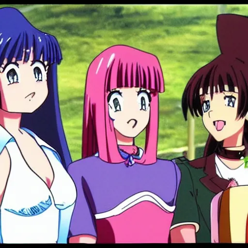 Prompt: movie still of 1990s anime mean girls