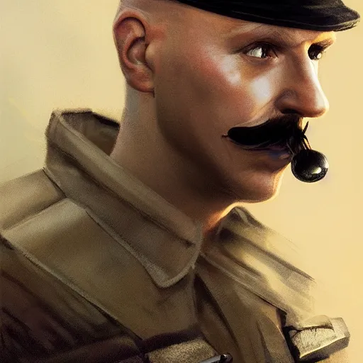 Image similar to character portrait of a russian man in khaki military tunic wearing black hat with black moustache holding a lightsaber, no beard, medium shot, concept art, global illumination, 4 k, hyper detailed, pixar animation style, 8 k, studio light, award winning, by artgerm, sylvain sarrailh, rossdraws, wlop, beautiful!.