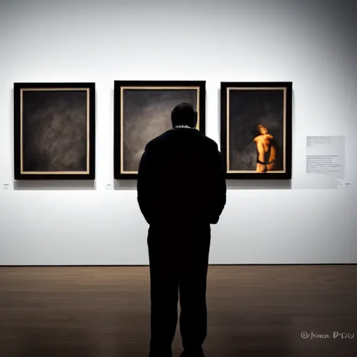 Image similar to A man staring at a painting of himself staring back. Modern art gallery. Wide angle. Photorealistic. Dramatic lighting. Award winning photography. 35mm photograph.