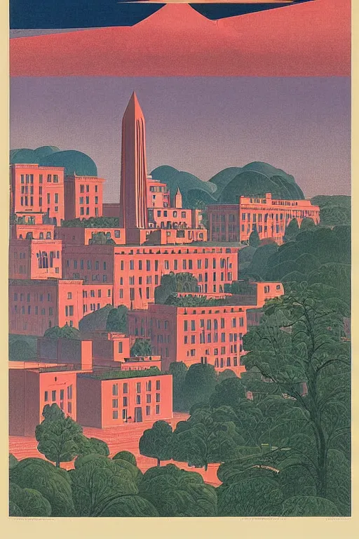 Image similar to resplendent art deco print of Washington, DC, Italy by Hasui Kawase and Lyonel Feininger