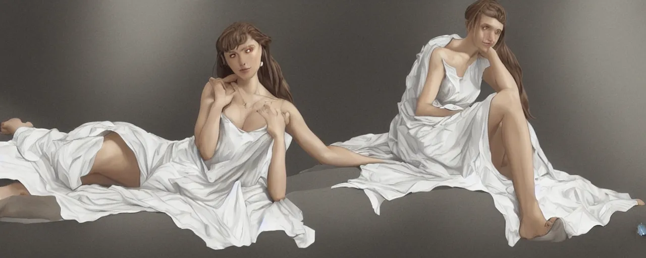 Image similar to character design, reference sheet, ancient white dress, relaxing, 15 years old female, happy, beautiful, elegant, no shoes, open v chest clothes, long dark hair, concept art, photorealistic, hyperdetailed, 3d rendering! , art by Leyendecker! and constable,