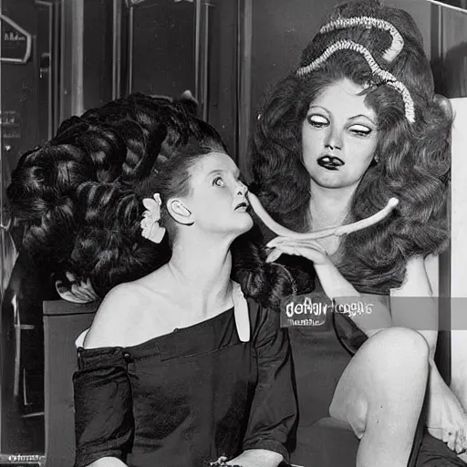 Image similar to Medusa the Gorgon chatting with her hairdresser at the salon in the 50s