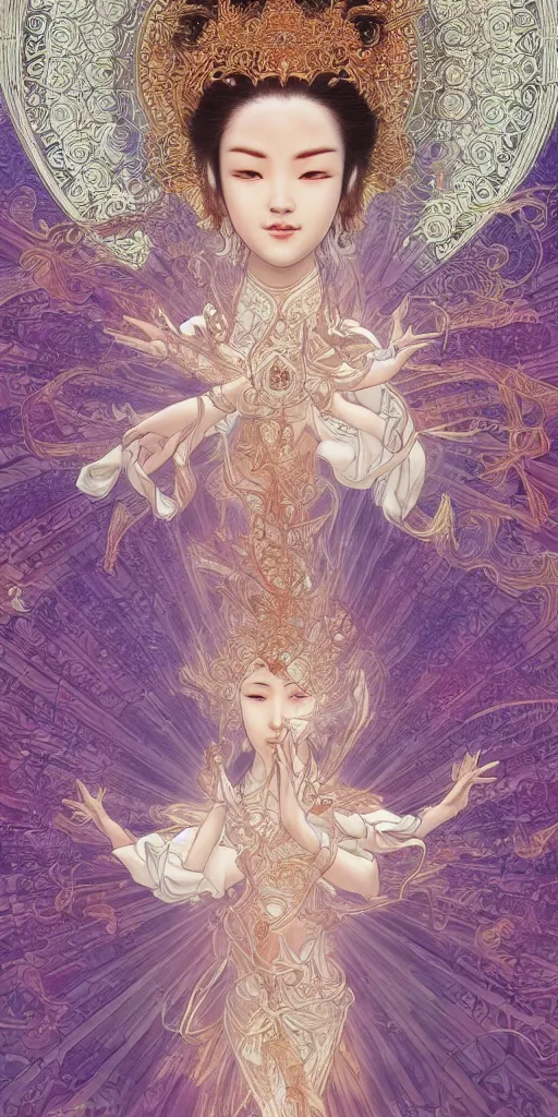 Image similar to beautiful asian face, quan yin goddess of tranquility, hyper detailed, character concept, full body, dynamic pose, intricate, lineart, cerpuscular rays, by yoshitaka amano, alfons mucha, 4k, artstation