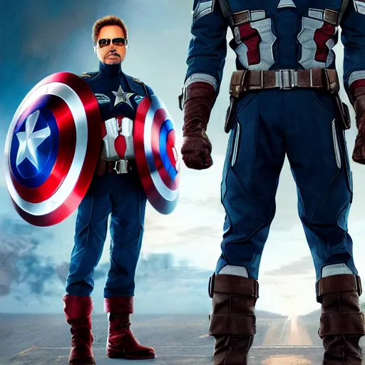 Image similar to Robert Downey Jr as captain america, 8k ultra hd, hyper detailed