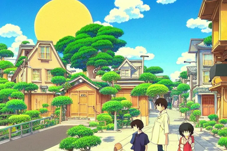 Prompt: an elaborate painting of a peaceful neighborhood, detailed, by studio ghibli!!!!!!!!!!! beautiful golden hour, anime, masterpiece