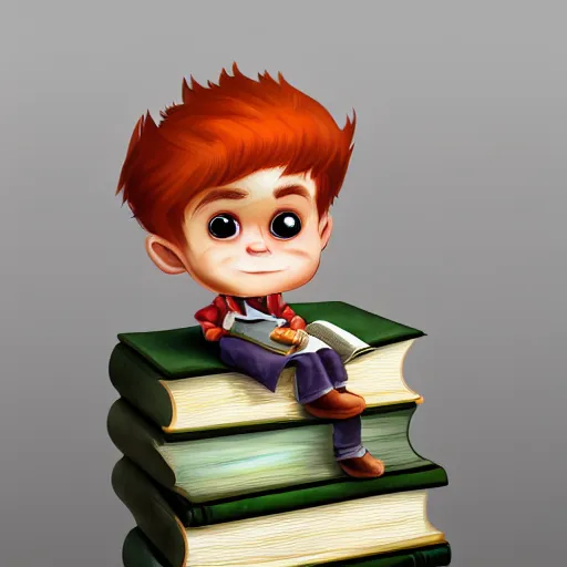 Prompt: diminutive young man sitting on a huge book. The man is two inches tall and redhead. The book is closed, with a green cover. Digital realistic detailed art trending in Artstation.