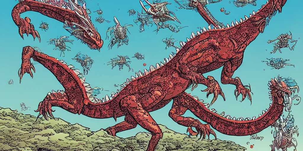 Image similar to an alien dragon flying in outer space, style of Geof Darrow