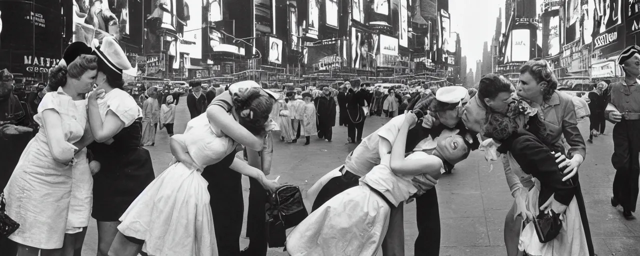 Image similar to alfred eisenstaedt's photograph of spaghetti and an american sailor kissing a woman in times square, 1 9 4 5, canon 5 0 mm, kodachrome, retro