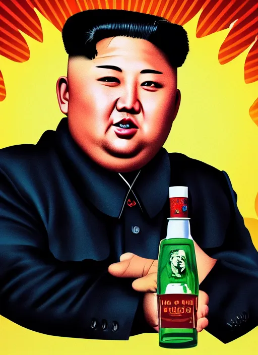 Image similar to kim jong - un with a bottle of vodka on an icon with a halo of fire, scary infernal art in color