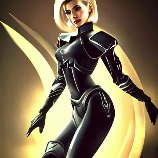 Image similar to A combination of Ada Wong's and Grace Kelly's and Ashley Greene's appearances with blonde hair wearing Interceptor's armor from Anthem, high tech, action shot, angular, full body portrait, futuristic, dramatic, fantasy, intricate, elegant, highly detailed, artstation, matte, sharp focus, 8K, art by Artgerm and Greg Rutkowski and Alphonse Mucha