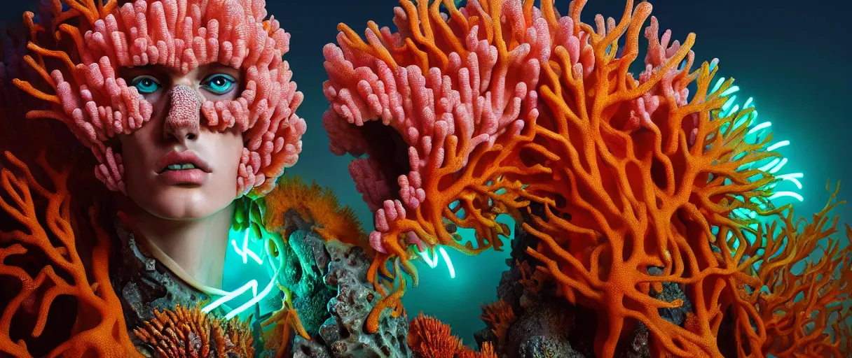 Image similar to hyperrealist highly detailed english medieval portrait of high fashion monster wearing reef armor, radiating atomic neon corals, concept art pascal blanche dramatic studio lighting 8k wide angle shallow depth of field