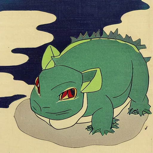 Prompt: Beautiful Ukiyo-e painting of a bulbasaur