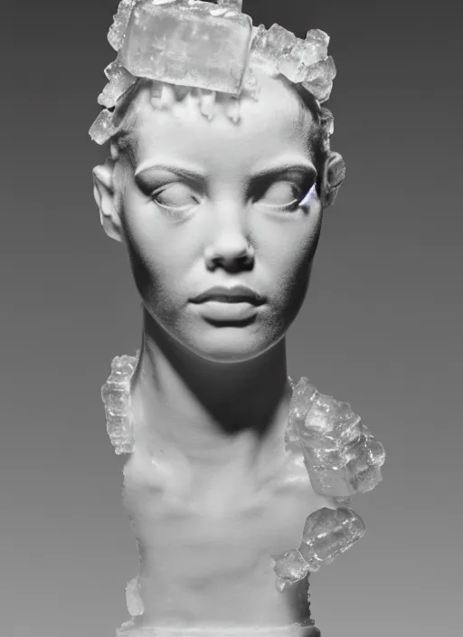 Prompt: a young female cyborg bust made of ice and concrete, dramatic, ilford hp 5, closeup - view, f / 2. 8, high contrast, 1 6 k, fluorescent lamp, contre - jour, insanely detailed and intricate, hypermaximalist, elegant, ornate, hyper realistic, super detailed