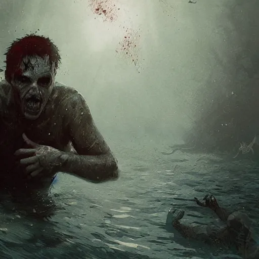 Image similar to a man swimming underwater in a zombie apocalypse by greg rutkowski