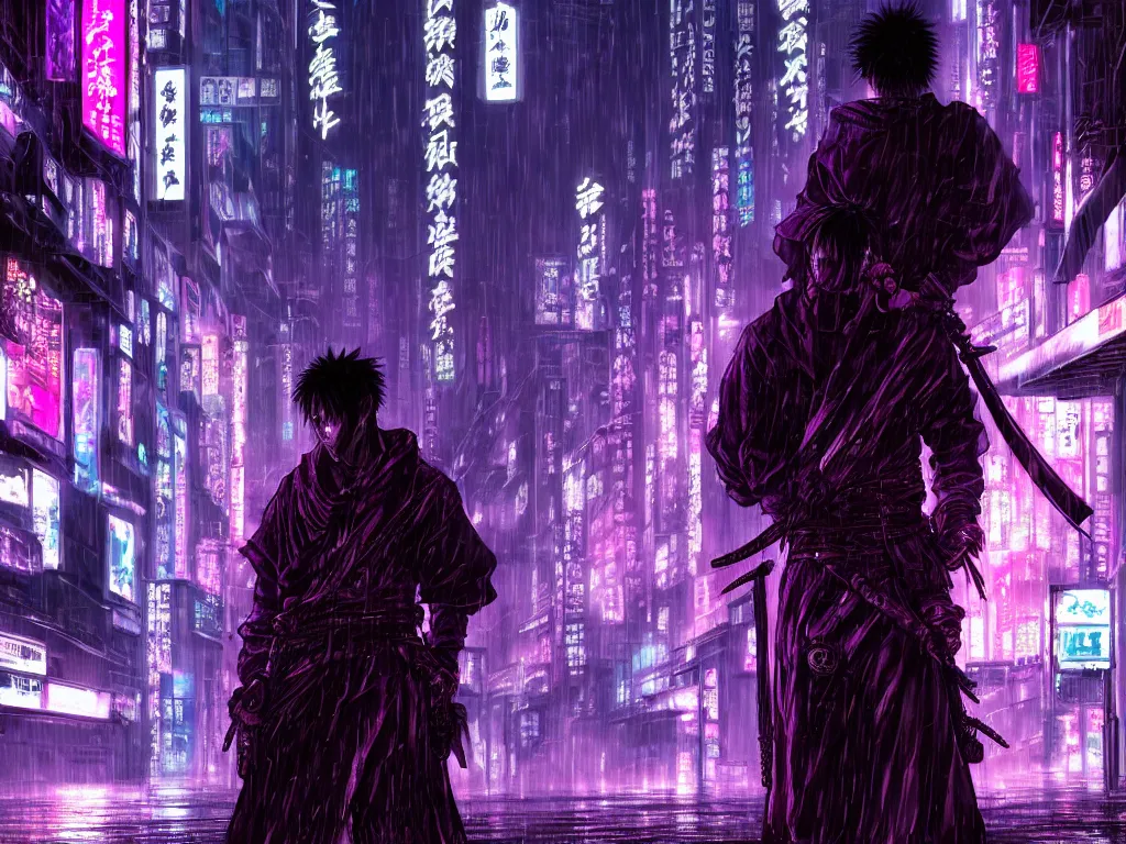 Prompt: high detailed lone dead samurai in a cyberpunk rainy city at night by Kentaro Miura, purple and pink and blue neons, unreal engine, high quality, 4K, UHD, trending on ArtStation, wires, blade runner vibes, ghost in the shell, akira, dorohedoro