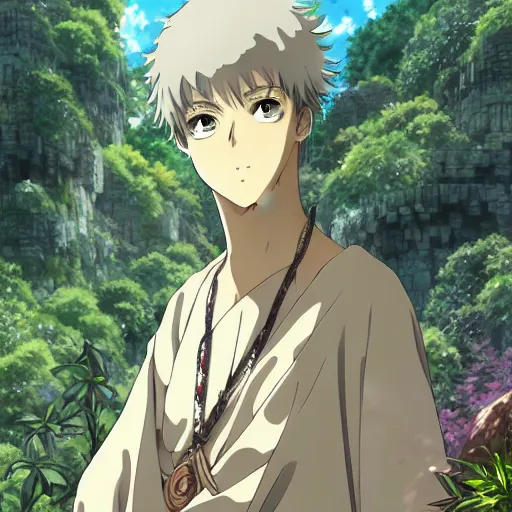 Prompt: anime emperor hadrian roman 4 4 3 2 5, in a jungle, finely detailed features perfect art anime illustration trending on pivix fanbox art by makoto shinkai, studio ghibli, takashi takeuchi, hajime isayama