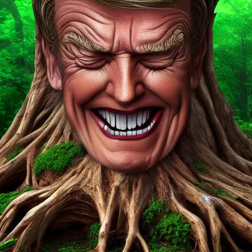 Image similar to donald trump is fused into a tree stump, hyperdetailed, artstation, cgsociety, 8 k