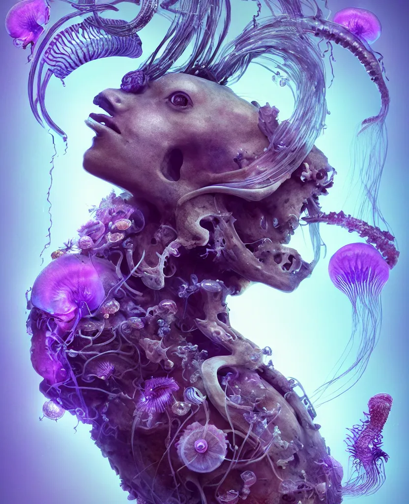 Image similar to goddess close-up portrait ram skull, thorax, x-ray, backbone, jellyfish phoenix head, nautilus, orchid, skull, betta fish, bioluminiscent creatures, intricate artwork by Tooth Wu and wlop and beeple. octane render, trending on artstation, greg rutkowski very coherent symmetrical artwork. cinematic, hyper realism, high detail, octane render, 8k