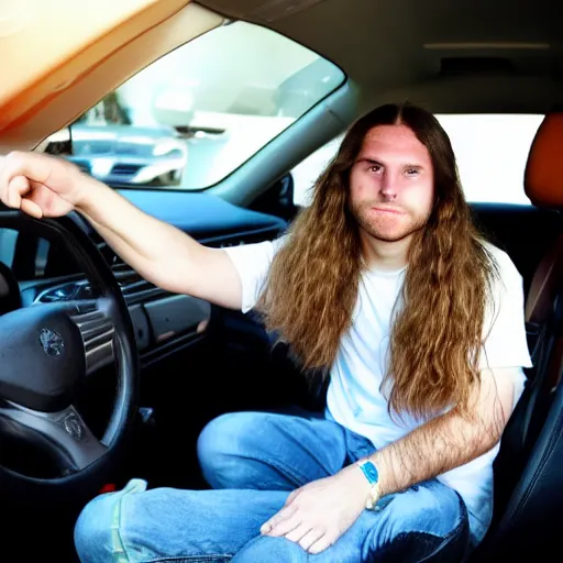 Image similar to a picture of a white boy with long hair inside of a car