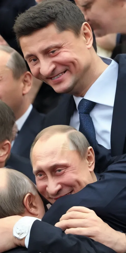 Image similar to Vladimir Putin gives Volodymyr Zelenskyy a warm and loving hug