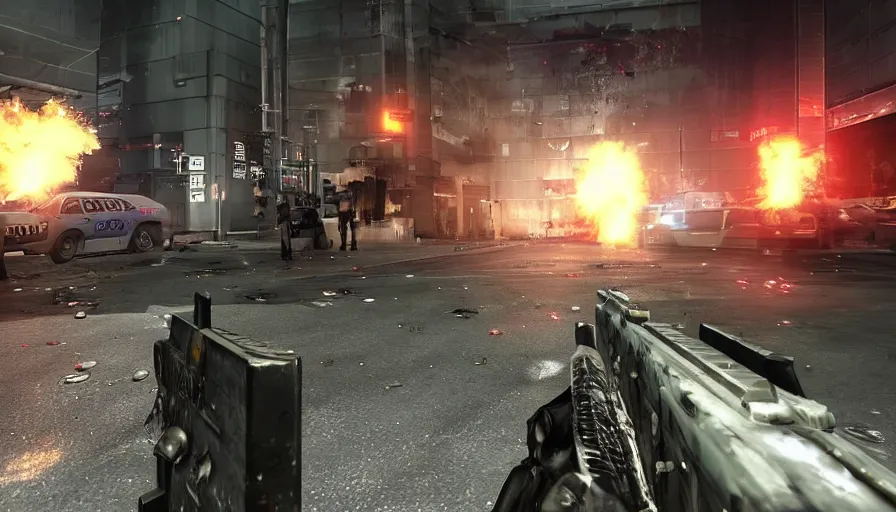 Image similar to 2020 Video Game Screenshot, Anime Neo-tokyo Cyborg bank robbers vs police, Set inside of the Bank, Open Bank Vault, Multiplayer set-piece Ambush, Tactical Squads :10, Police officers under heavy fire, Police Calling for back up, Bullet Holes and Realistic Blood Splatter, :10 Gas Grenades, Riot Shields, Large Caliber Sniper Fire, Chaos, Akira Anime Cyberpunk, Anime Machine Gun Fire, Violent Action, Sakuga Gunplay, Shootout, :14 Quibli Shader :19 , Inspired by Intruder :10 Created by Katsuhiro Otomo + Capcom: 19,