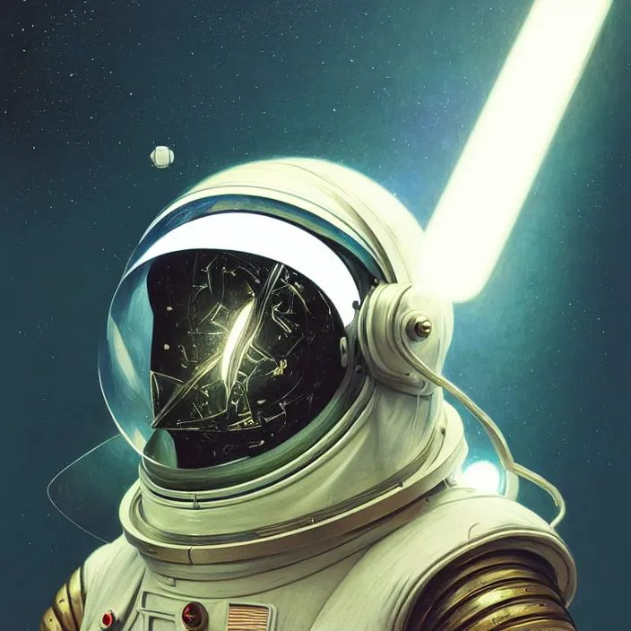 Prompt: ultra realistic retro futuristic astronaut smashed glass helmet, lens flare, diffuse lighting, fantasy, intricate, elegant, highly detailed, lifelike, photorealistic, digital painting, artstation, illustration, concept art, smooth, sharp focus, art by John Collier and Albert Aublet and Krenz Cushart and Artem Demura and Alphonse Mucha