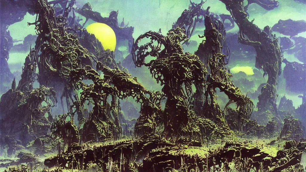 Image similar to surreal eerie alien planet empire with strange biomechanical plants by frank frazetta and bruce pennington, cinematic matte painting