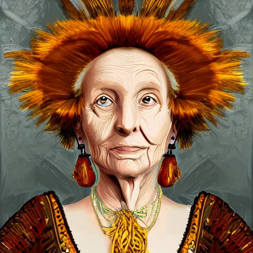 Image similar to portrait headshot digital painting of a old 17th century old lady cyborg merchant, amber jewels, clorful feathers, baroque ornate clothing