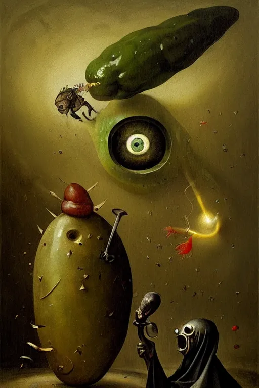 Image similar to hieronymus bosch, greg rutkowski, anna podedworna, painting of a pickle in a suit and eye with an eyepatch