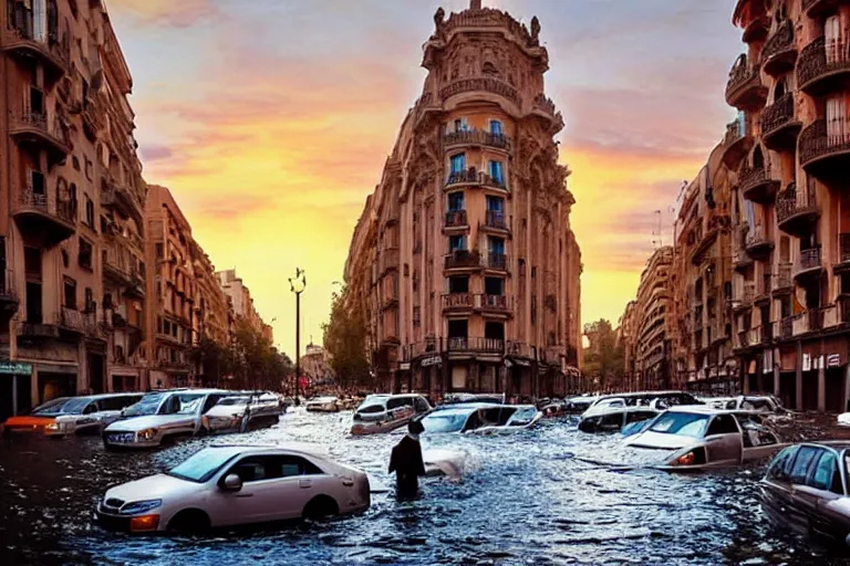 Image similar to touristic ads to visit a catastrophic barcelona, buildings covered with high water, floating cars, sunset lighting, photo real