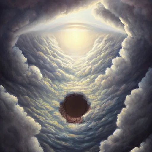 Image similar to a detailed mate painting of god looking down on earth through a hole in the clouds'by stephanie law, existential horror, trending on cgsociety artstation, highly detailed, 8 k, masterpiece, super resolution.