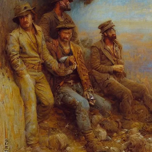 Prompt: Gaston Bussiere painting of tired and battered soldiers looking up and observing the first rays of sunlight during dawnbreak, dramatic painting, dark, scary, hopeful, lifelike faces, intense facial expressions