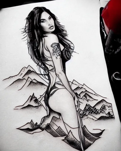 Prompt: double exposure effect tattoo design sketch of megan fox and beautiful mountains, surrealism tattoo, in the style of matteo pasqualin, amazing detail, sharp