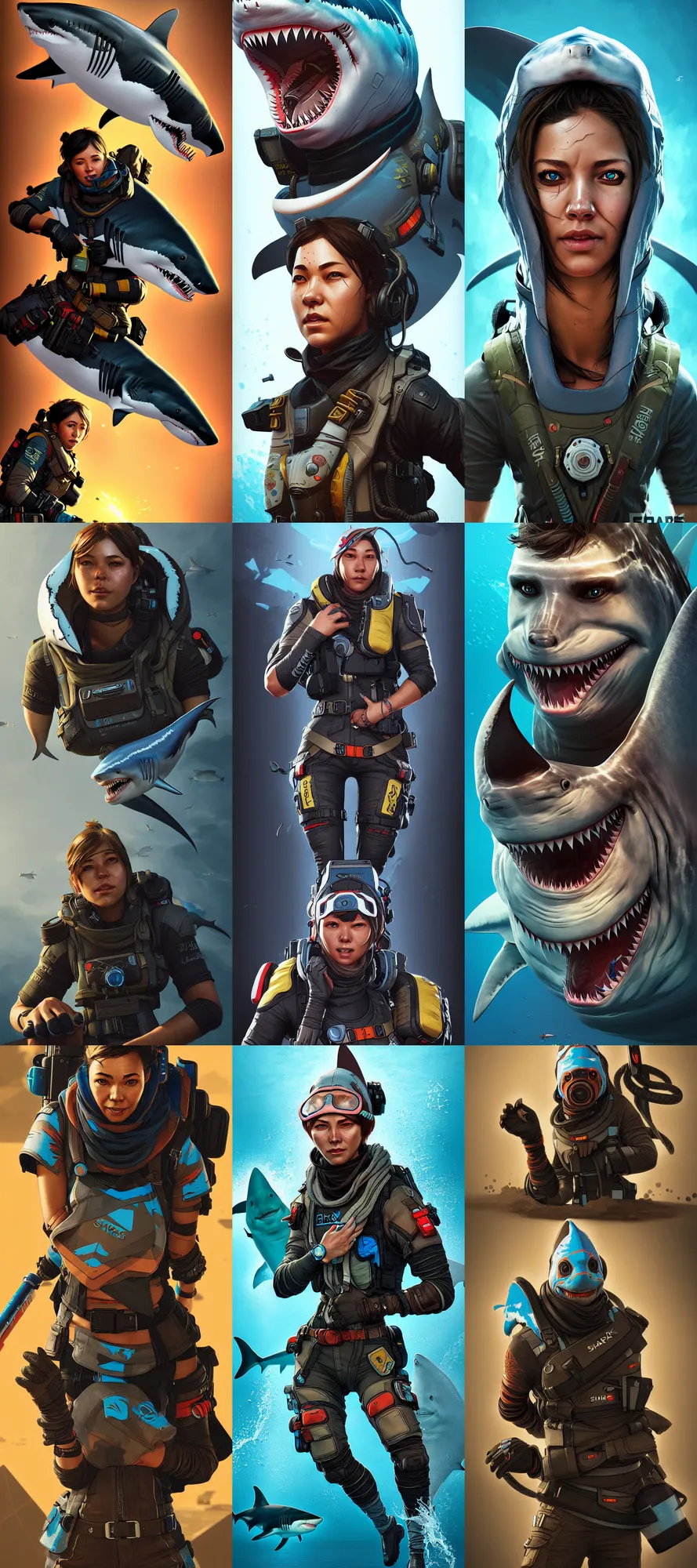 Prompt: shark as an apex legends character digital illustration portrait design by, brad kunkle detailed, gorgeous lighting, wide angle action dynamic portrait