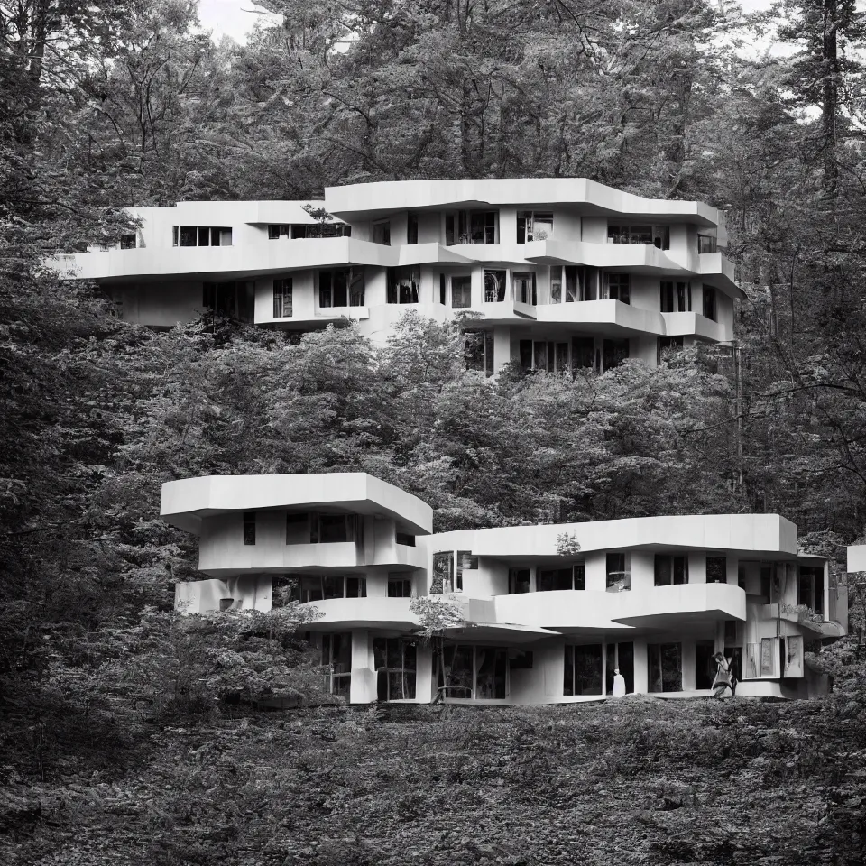 Image similar to architecture ad for a mid-century modern house in the middle of the forest, designed by Frank Gehry. Film grain, cinematic, grayscale, yellow hue