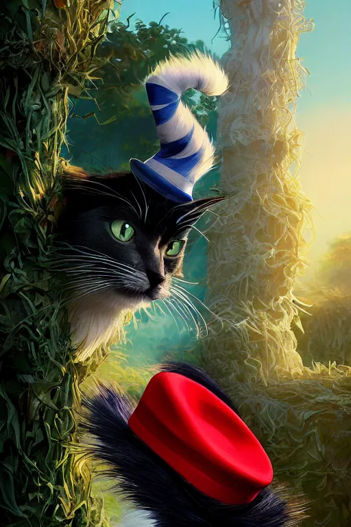 Prompt: complex 3 d render, hyper detailed, ultra sharp, of the cat in the hat, scary, cinematic, natural soft light, rim light, masterpiece by greg rutkowski and artgerm and john berkey, dr seuss
