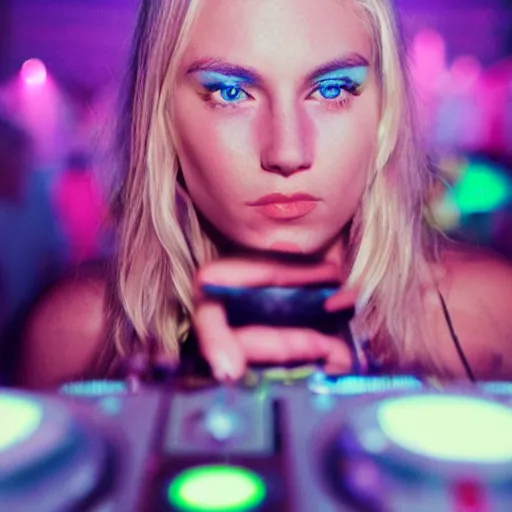 Image similar to a young, blonde-haired woman with soft facial features and blue eyes, 35mm photograph, neon lights in the background, DJing at coachella