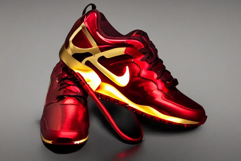 Image similar to mid product still of The New metallic red and gold Ironman Nike sneakers with glowing arc reactor swoosh and carbon fiber accents, 4k