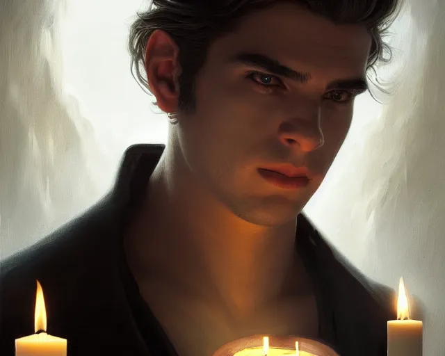 Prompt: a mind - blowing portrait of a fortune seeker male, clean shaven, holding a candle holder, wearing dark maritime clothing, intelligent, deep focus, d & d, fantasy, intricate, elegant, highly detailed, digital painting, artstation, concept art, matte, sharp, illustration, hearthstone, art by artgerm and greg rutkowski and alphonse mucha