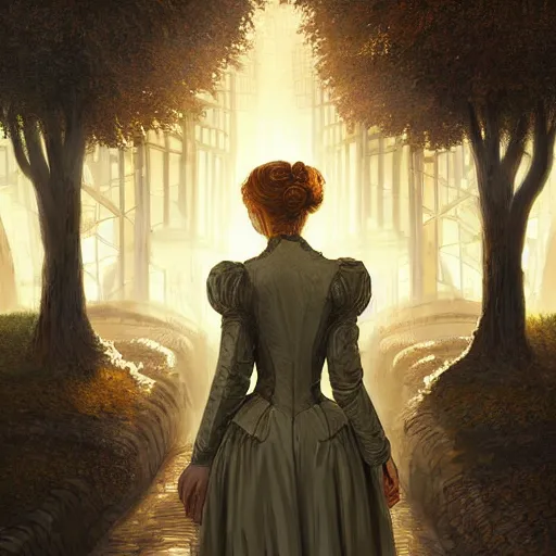 Prompt: portrait of a victorian lady in a futuristic city, from behind, streets, birds in the sky, sunlight and rays of light shining through trees, golden hue, tall buildings on the sides, beautiful, solarpunk!!!, highly detailed, digital painting