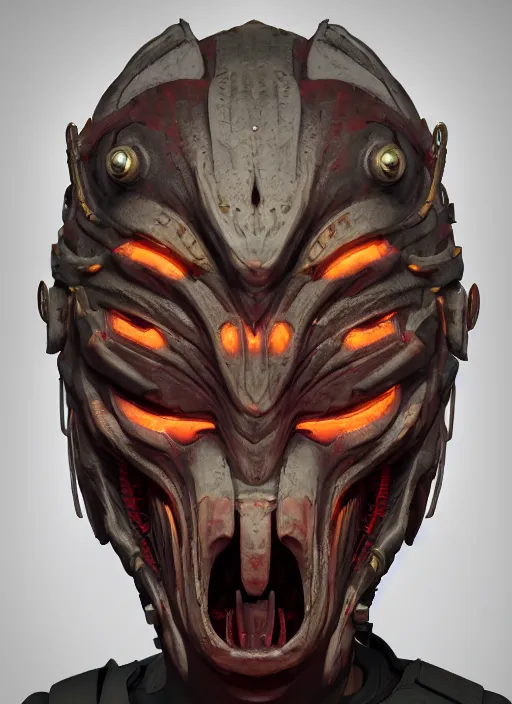 Image similar to 3 d render of a demon cyberpunk mask, au naturel, hyper detailed, digital art, trending in artstation, cinematic lighting, studio quality, smooth render, unreal engine 5 rendered, octane rendered, art style by klimt and nixeu and ian sprigger and wlop and krenz cushart riot arcane overwatch