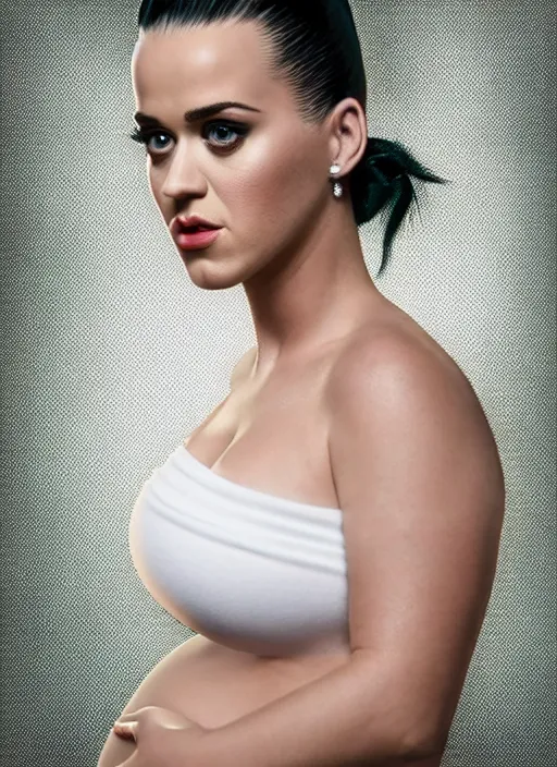 Image similar to cinematic photography of pregnant katy perry in a white crop top, intricate, elegant, highly detailed, smooth, sharp focus, symmetrical face, fine details, masterpiece, trending on artstation, 4 k hdr 3 5 mm photography