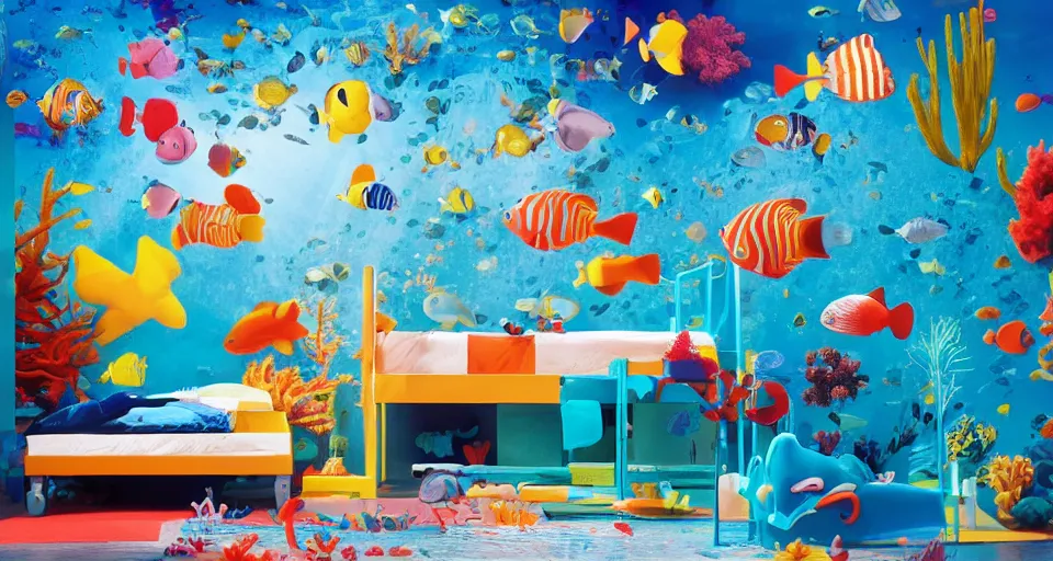 Image similar to IKEA catalogue photo of an underwater childrens bedroom, coral reef, fish, sharks, clown fish, angel fish, dappled light, sun rays