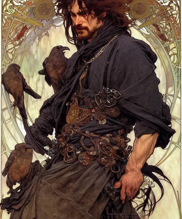 Prompt: realistic detailed face portrait of a rugged handsome king with ravens by alphonse mucha, ayami kojima, amano, greg hildebrandt, and mark brooks, male, masculine, art nouveau, neo - gothic, gothic, character concept design