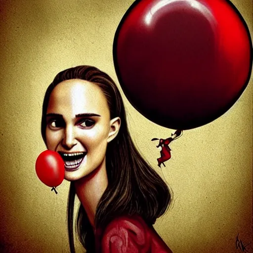 Image similar to surrealism grunge cartoon portrait sketch of natalie portman with a wide smile and a red balloon by - michael karcz, loony toons style, freddy krueger style, horror theme, detailed, elegant, intricate