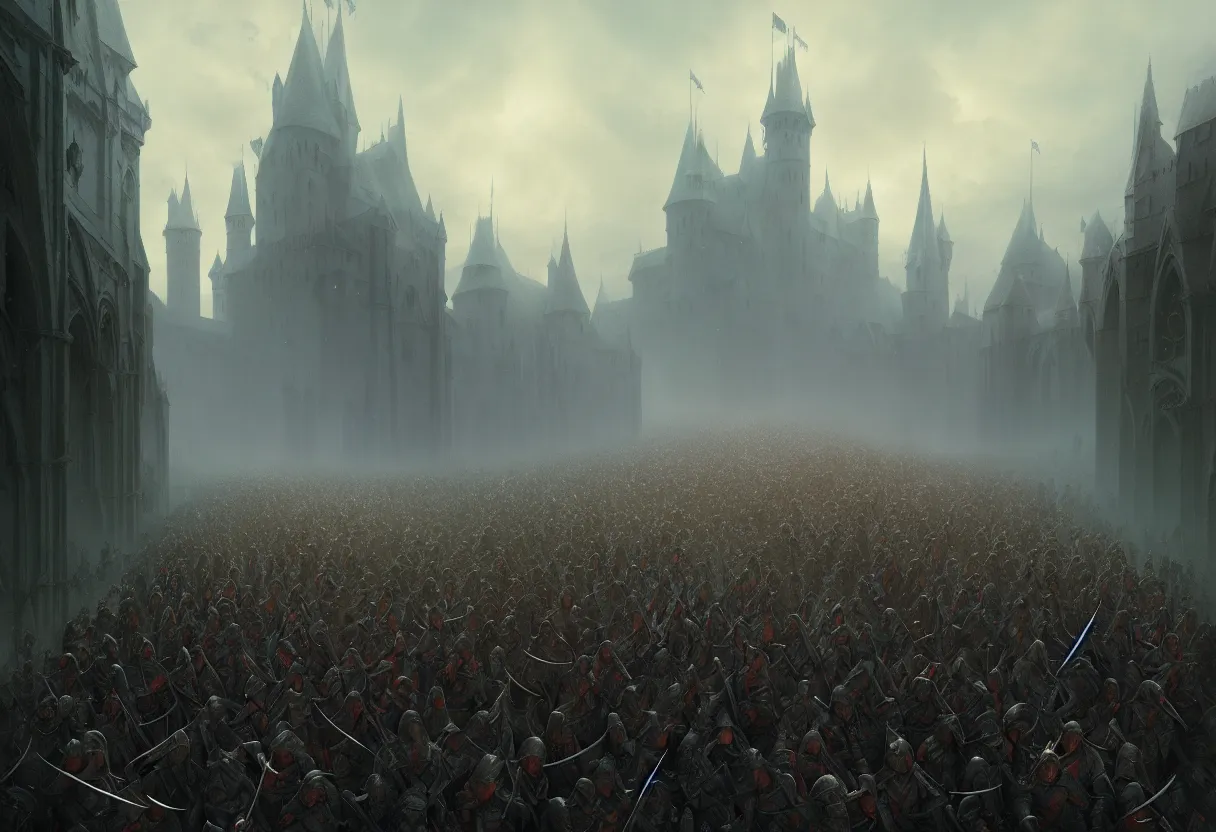 Image similar to beautiful render of a fairytale, tired medieval army marching, ultra high definition, ultra detailed, symmetry, fog, matte painting, by greg rutkowski and ross tran and wlop